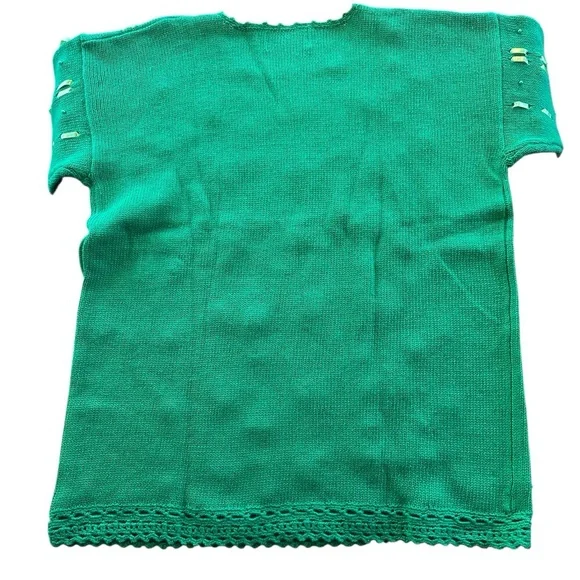 Cervelle Green Crochet Trim Whimsical Knit Sweater Ribbon Embroidered Floral L - Picture 5 of 15